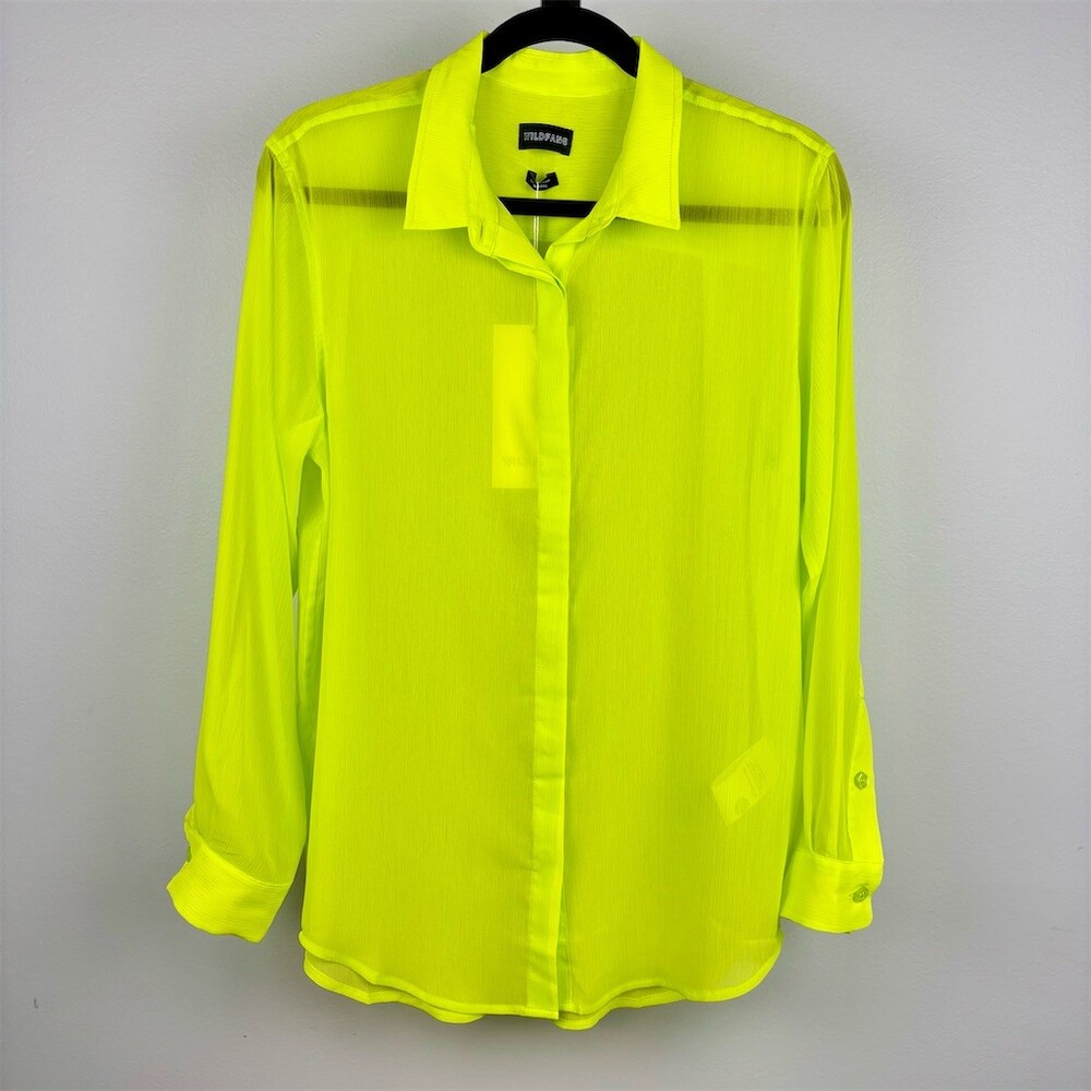 Wildfang The Empower Sheer Button-Up Shirt Womens Neon Yellow Lime - Picture 4 of 8